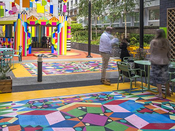 Coloured carpet in Sheffield Hospital DecoMark ©Photograph Gareth Gardner and Artist Morag Myerscough