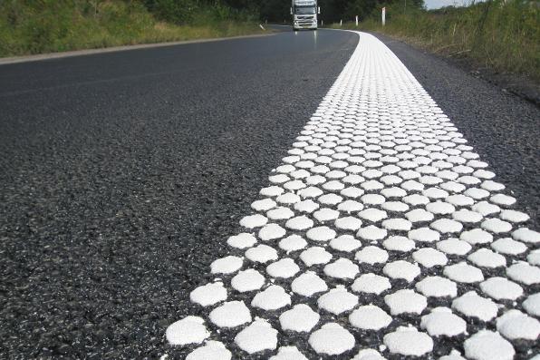 Example of ViaTherm vizispot thermoplastic material applied on road
